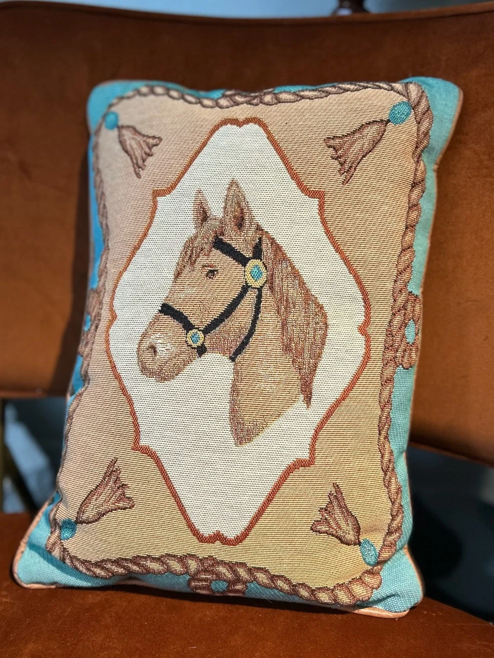 Equestrian Tapestry Horse Head and Cowboy Boots Pillow